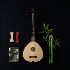 Fototapeta premium A biwa lute with a curved wooden body and silk strings, positioned horizontally on a black background. A large plectrum, a folded silk cloth, and a small bamboo scroll add a classical music theme,