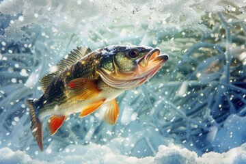 Fototapeta premium Perch with open mouth swimming in a frozen lake during snowfall, winter fishing concept