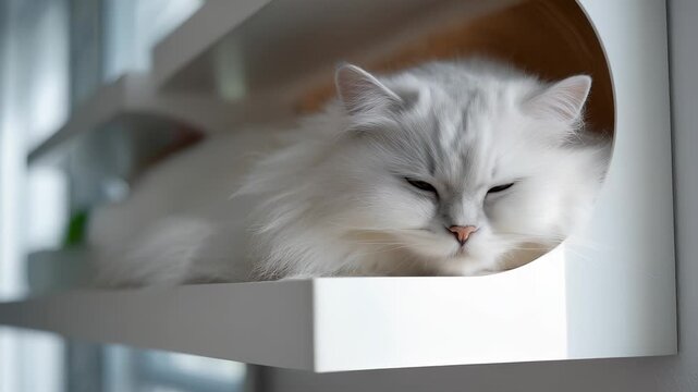 A fluffy cat reclines on a bright shelf, where the shelf enhances the fluffy features. The fluffy coat of the cat and the shelf complement each other in simplicity.