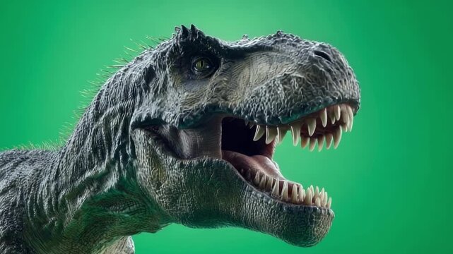 Close-up of a roaring Tyrannosaurus rex head with sharp teeth against a green background.