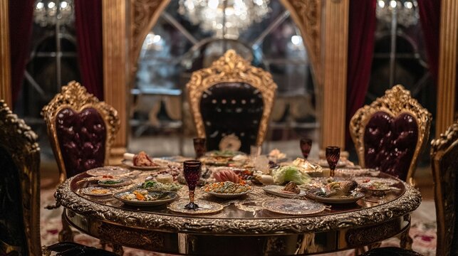 decadence. Lavish dining table with gourmet dishes and a single place setting. menu design, packaging mockups, designed for culinary blogs and recipe cards for restaurants.