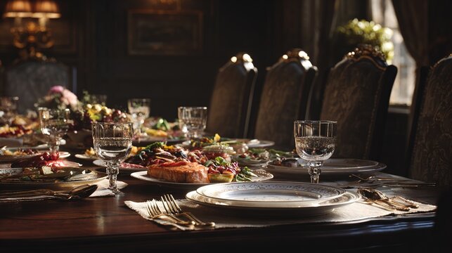 decadence. Lavish dining table with gourmet dishes and a single place setting. menu design, packaging mockups, designed for culinary blogs and recipe cards for restaurants.