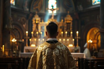Naklejka premium Catholic priest praying in front of the altar during a ceremony in an ancient church