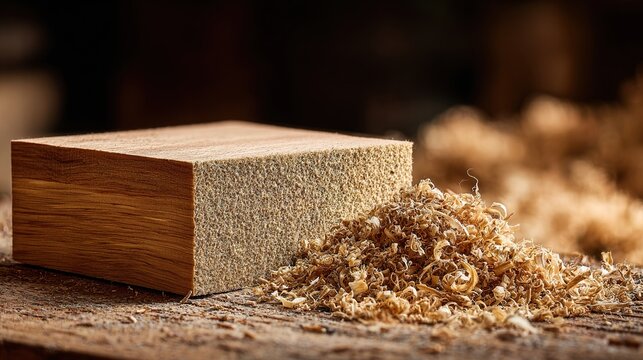 sandpaper. Sandpaper on a wooden board edge with wood shavings, contrasting raw and finished surfaces. safety posters. - Powered by Adobe