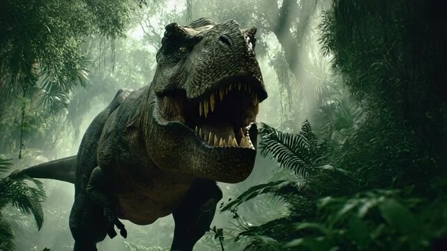 A roaring T. rex charges through a dense jungle, surrounded by ferns and mist.