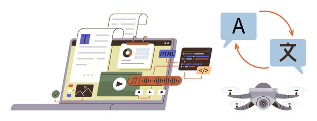Laptop with documents, code, and media elements. quadcopter and language translation icons. Ideal for technology, communication, AI, coding automation global reach innovative tools. Simple flat
