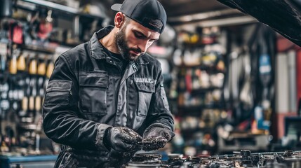 Obraz premium A man in a workshop wears a black jacket and black cap while working on an engine. The black jacket and black cap are covered in grease from the engine work.