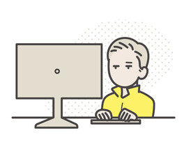 デスクトップパソコンで仕事をする土木技師の男性のイラスト