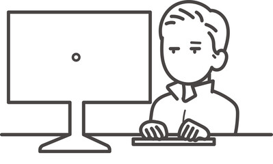 デスクトップパソコンで仕事をする土木技師の男性のイラスト　線画のみ
