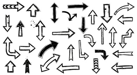 Versatile set of doodle-style arrows, hand-drawn with various directions and shapes, ideal for adding unique, organic touch to digital and print graphic design projects