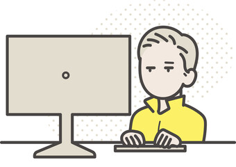 デスクトップパソコンで仕事をする土木技師の男性のイラスト