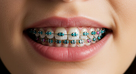 Detailed close-up of a person's bright smile showcasing modern dental braces with vibrant blue and pink elastics, emphasizing contemporary orthodontics and the journey to a confident, healthy grin