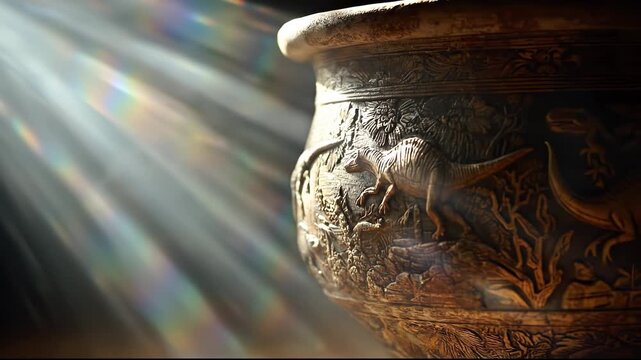 Sunlight illuminates the dinosaur vase, highlighting plush dinosaur figures. Intricate dinosaur carvings cover the vase, and sunlight accentuates each dinosaur's detail.