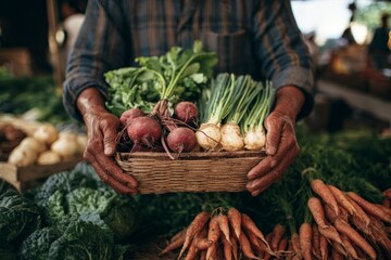 hands holding fresh produce at farmers market, organic vegetables, natural light 