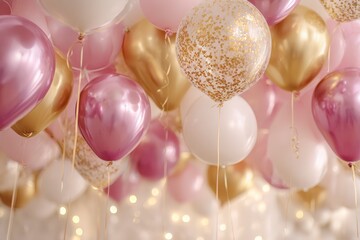festive arrangement of balloons, gold and pink color scheme, celebration theme, crisp lighting 