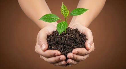 Nurturing new life hands holding seedling with rich soil symbolizing growth and renewal, a powerful visual for environmental awareness and sustainable living initiatives
