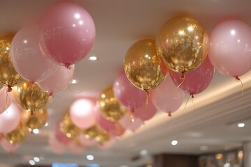 festive arrangement of balloons, gold and pink color scheme, celebration theme, crisp lighting 