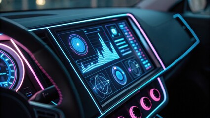 A futuristic car dashboard featuring vibrant digital displays, charts, and controls, enhanced with neon lighting for a modern look.
