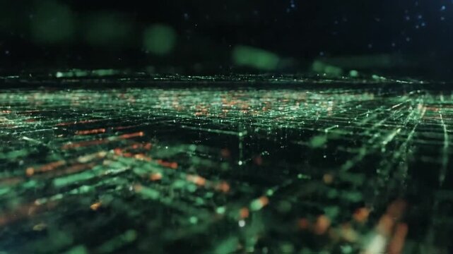 Close-up of a futuristic network visualization with glowing green and orange nodes and connections on a dark background with a shallow depth of field. - Powered by Adobe