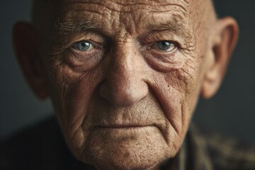studio portrait of elderly man with wrinkles showing experience, expressive facial features, soft shadowing