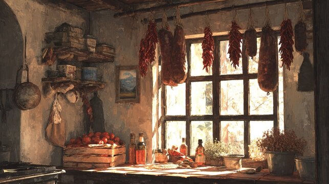 cured. Rustic kitchen with hanging cured meats and red peppers. menu design, packaging mockups, designed for food delivery and cloud-kitchen brand materials, used by curriculum designers.