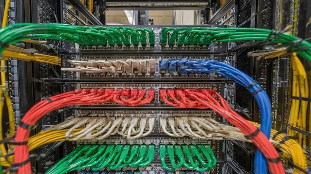 Server rack with neatly organized multicolored Ethernet cables (green, red, blue, white, yellow) in a network cabinet.