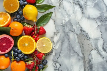 flatlay of fresh berries and citrus fruits on marble slab, vibrant colors, studio lighting