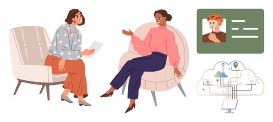 Two women in modern chairs having engaged conversation, digital profile card and cloud technology concept. Ideal for collaboration, teamwork, networking, innovation, technology, education