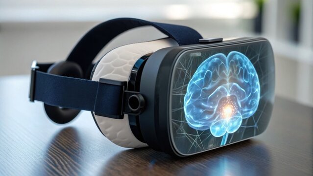 A VR headset displaying a digital brain, symbolizing the intersection of technology and neuroscience in a modern, sleek design.