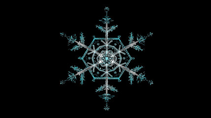 A snowflake graphic, with a blue tint, and an intricate hexagonal design on a black backdrop