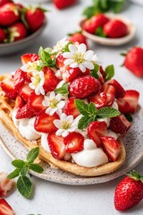 Tasty waffle on plate with fresh strawberries whipped cream mint leaves and flowers. Sweet food concept. Delicious fruity snack or breakfast idea.