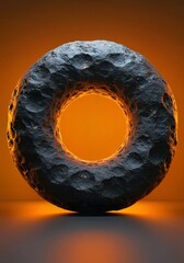 3d render of a glowing circle symbol glittering golden, Abstract stone sculpture with circular opening. Dark grey rock object features rough, textured surface. Minimalist, geometric form with smooth i