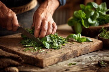 hands cutting basil leaves over wooden board, food preparation close-up, rustic kitchen