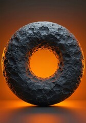 3d render of a glowing circle symbol glittering golden, Abstract stone sculpture with circular opening. Dark grey rock object features rough, textured surface. Minimalist, geometric form with smooth i