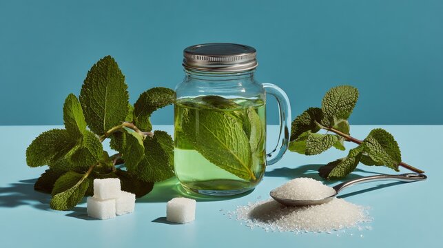 Refreshing mint infused drink with sugar cubes and crystals, perfect for summer beverages and natural wellness.