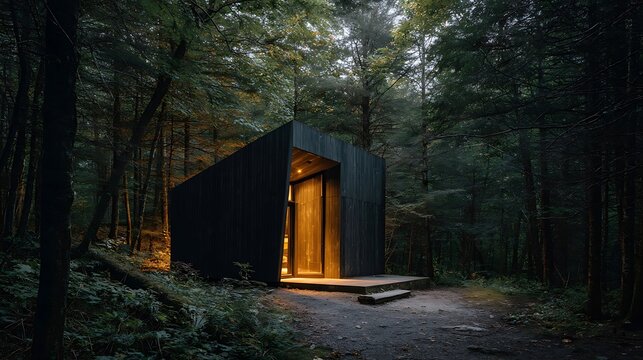 Modern minimalist cabin nestled within a dense and peaceful woodland setting - Powered by Adobe