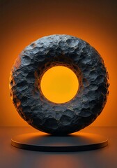 3d render of a glowing circle symbol glittering golden, Abstract stone sculpture with circular opening. Dark grey rock object features rough, textured surface. Minimalist, geometric form with smooth i
