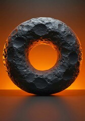 3d render of a glowing circle symbol glittering golden, Abstract stone sculpture with circular opening. Dark grey rock object features rough, textured surface. Minimalist, geometric form with smooth i
