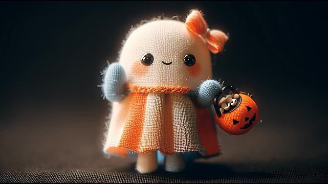 Whimsical Patchwork Ghost with Bow and Halloween Pumpkin Bucket