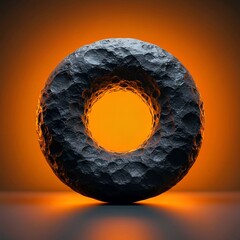 3d render of a glowing circle symbol glittering golden, Abstract stone sculpture with circular opening. Dark grey rock object features rough, textured surface. Minimalist, geometric form with smooth i