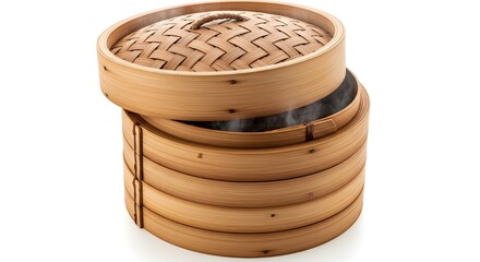 Stack of traditional bamboo steamer baskets for cooking
