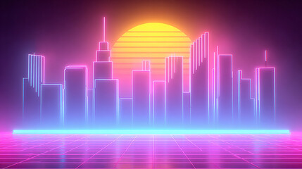 Neon skyline. An outrun-style image shows a purple-lit cityscape and a gradient sun with a grid-pattern ground