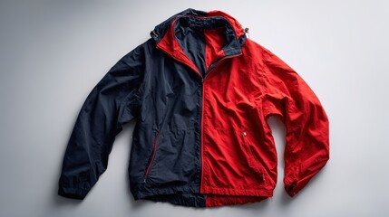 reversible. A reversible jacket lying on a plain surface, one side blue and the other red. lifestyle magazines, social media lookbooks, designed for lifestyle magazines and social media content.