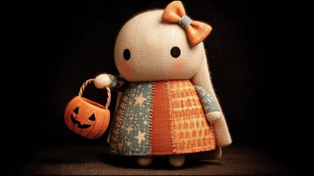 Whimsical Patchwork Ghost with Bow and Halloween Pumpkin Bucket