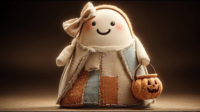 Whimsical Patchwork Ghost with Bow and Halloween Pumpkin Bucket