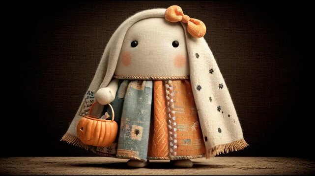 Whimsical Patchwork Ghost with Bow and Halloween Pumpkin Bucket