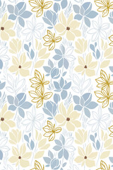 Fototapeta premium An airy and elegant seamless floral pattern featuring soft pale blue and creamy yellow blooms with abstract leaves on a white background. This minimalist, chic design is ideal for textiles