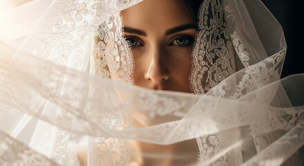 Mysterious portrait of a beautiful bride with piercing green eyes, partially veiled by delicate white lace, creating an ethereal and romantic atmosphere