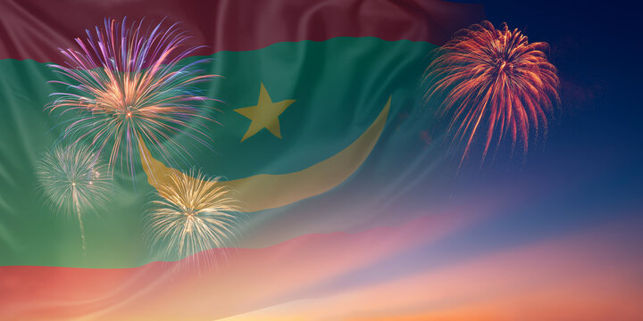 Waving National flags of Mauritania In sky with fireworks and text
