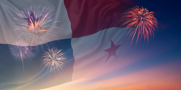 Waving National flags of Panama In sky with fireworks and text